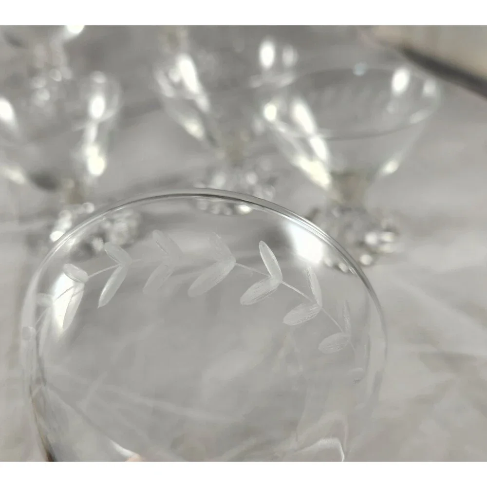 Set of 6 Anchor Hocking Etched Laurel Boopie Clear Champagne Sherbet Glasses